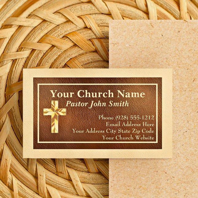 Church Pastor Gold Leather Business Cards (Church Pastor Gold Faux Leather Business Cards)