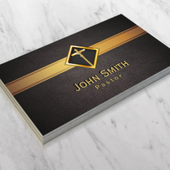 Church Pastor Minister Gold Cross Elegant Leather Business Card by cardfactory at Zazzle