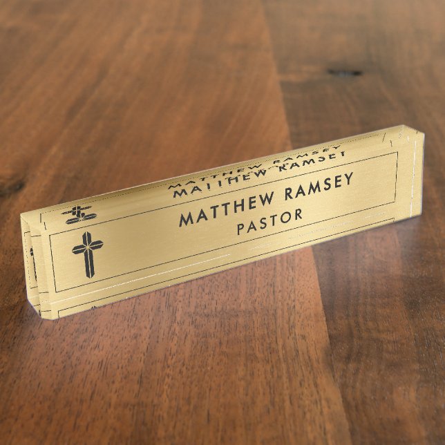 Church Pastor Minister Modern Minimal Cross Gold Desk Name Plate (Side)