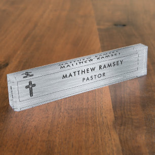 Church Pastor Minister Modern Minimal Cross Silver Desk Name Plate