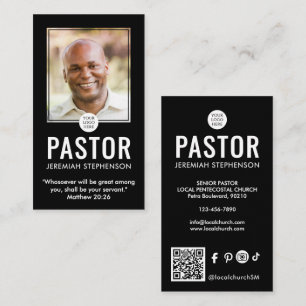 Church Pastor Modern Black Photo QR Logo  Business Card
