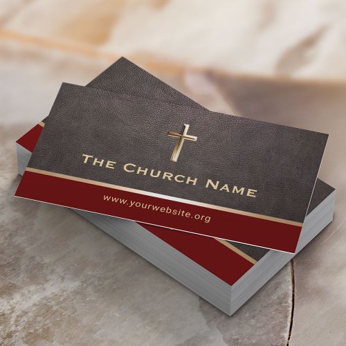 Church Pastor Modern Leather Gold Holy Cross Business Card