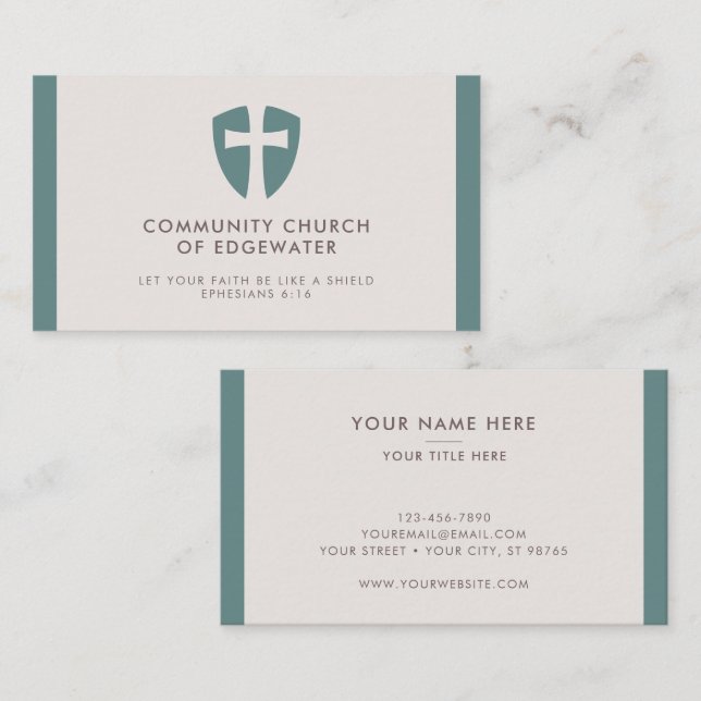 Church Pastor Modern Minimal Cross Shield Green Business Card (Front/Back)