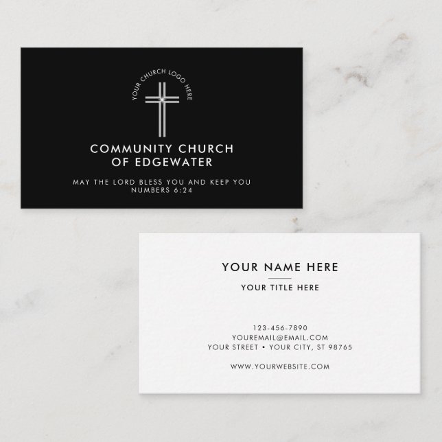 Church Pastor Modern Minimal Custom Logo Black Business Card (Front/Back)