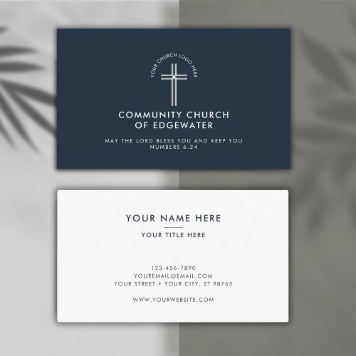 Church Pastor Modern Minimal Custom Logo Navy Business Card