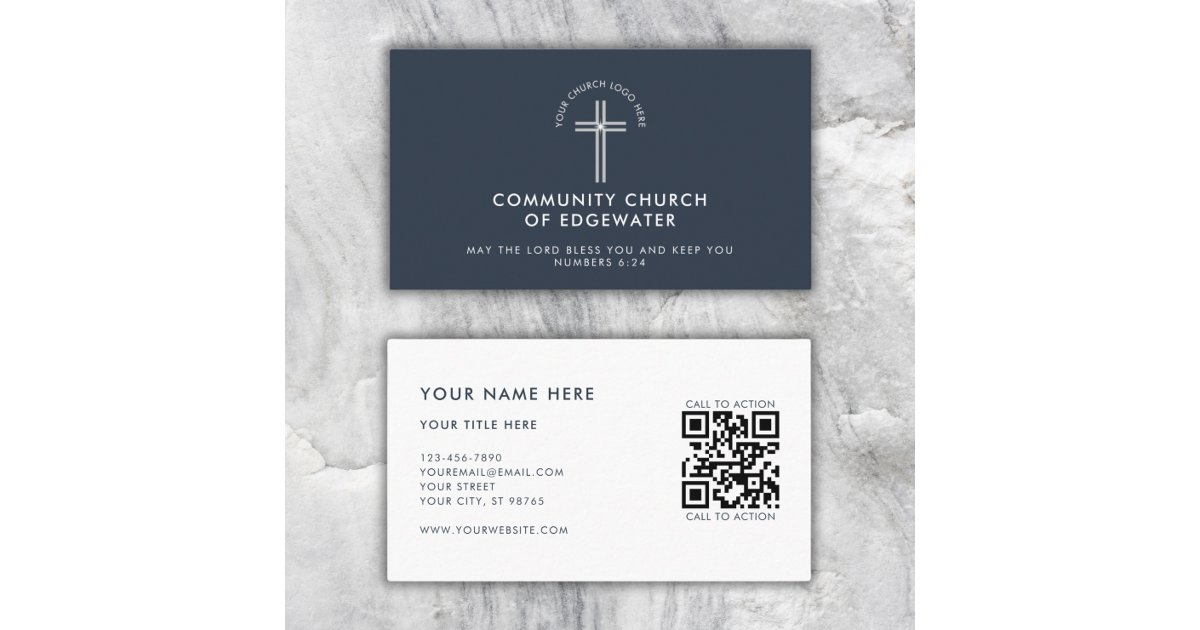 Church Pastor Modern QR code Custom Logo Navy Business Card