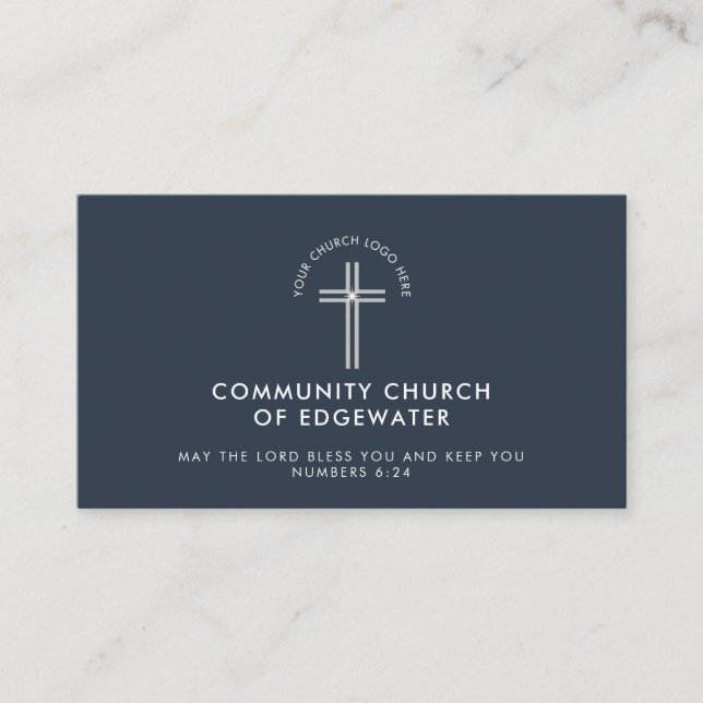 Church Pastor Modern QR code Custom Logo Navy Business Card