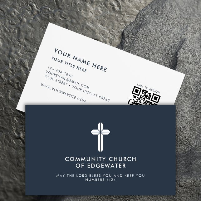Church Pastor Modern QR code Religious Cross Navy Business Card (Creator Uploaded)