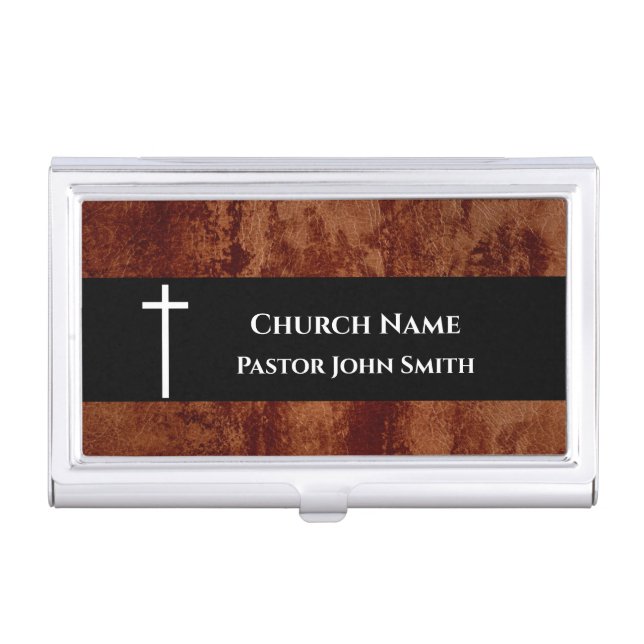 Church Pastor RUSTIC Leather Christian Business Card Case (Front)