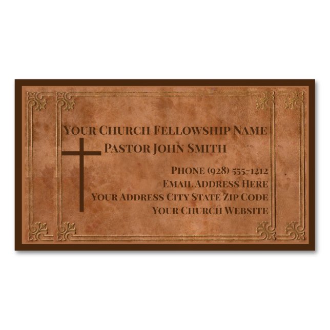 Church Pastor Stamped Leather Elegant Christian Business Card Magnet (Front)