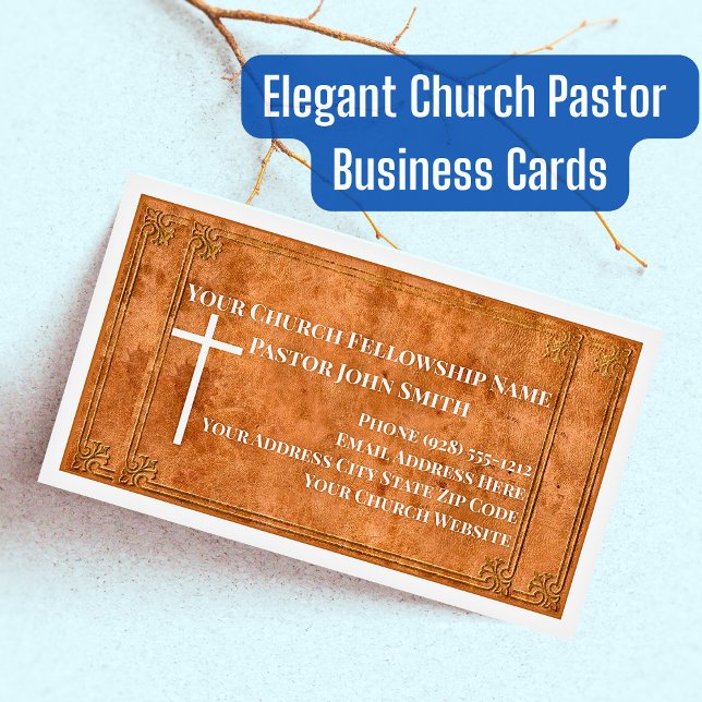 Church Pastor Stamped Leather Elegant Christian Business Card Magnet (Elegant Church Pastor Business Cards)