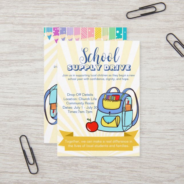 Church School Supply Drive Donation backpack Business Card (Front/Back In Situ)