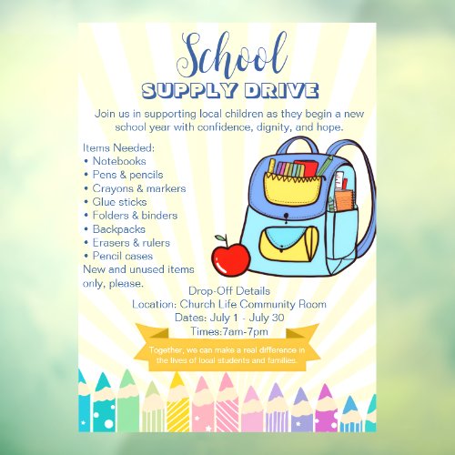 Church School Supply Drive Donation backpack Window Cling