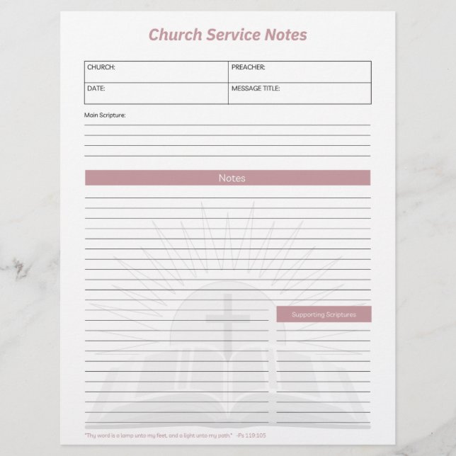 Church  Service Christian Bible Notes Pink Letterhead (Front)