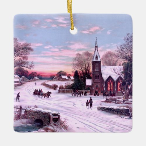 Church Services on Christmas Eve Morning Ceramic Ornament