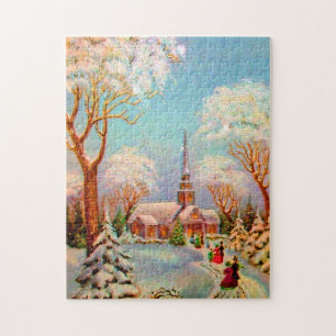 Church Snow Scene Vintage Art Postcard Jigsaw Puzzle