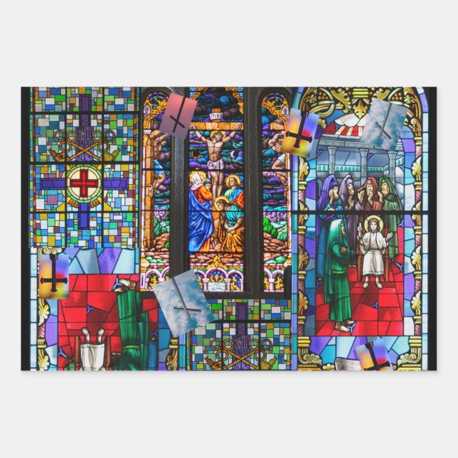 Church Stained Glass and Cross  Wrapping Paper Sheets (Front)