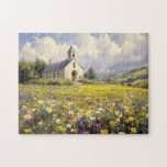 Church Surrounded By Wildflowers Painting Jigsaw Puzzle<br><div class="desc">A charming digital painting of a quaint country church nestled among a vibrant field of wildflowers. The church, with its classic steeple and whitewashed walls, stands gracefully against a soft, dreamy sky. The foreground is bursting with colorful wildflowers in shades of yellow, purple, and pink, swaying gently in the breeze....</div>