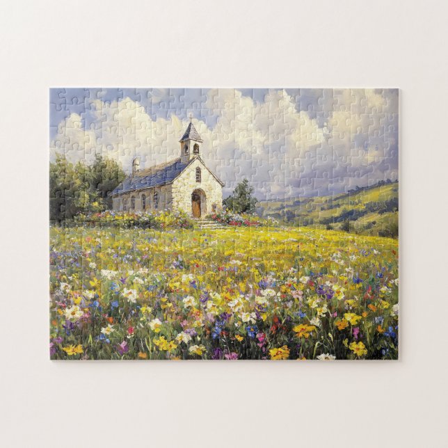 Church Surrounded By Wildflowers Painting Jigsaw Puzzle (Horizontal)
