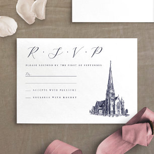 Church Vintage Venue Illustration Wedding RSVP Card