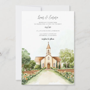 Church Watercolor Vinatge Wedding Invitation