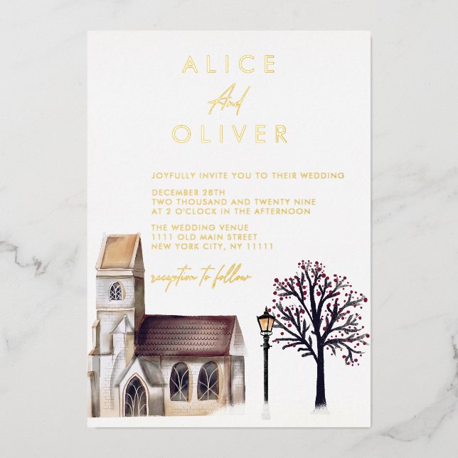 Church Watercolor Winter Religious Ceremony Foil Invitation (Front)
