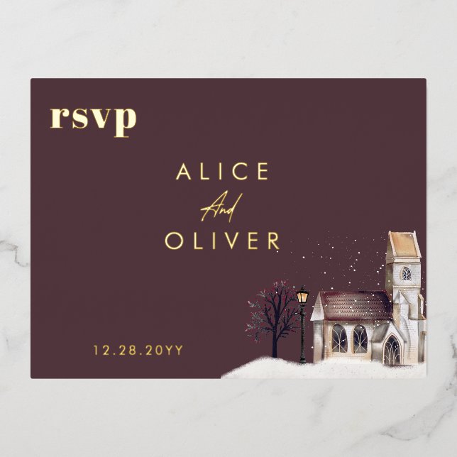 Church Watercolor Winter Religious Ceremony RSVP Foil Invitation Postcard (Front)