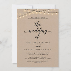 Church Wedding Ceremony, String Lights, Kraft Invi Invitation