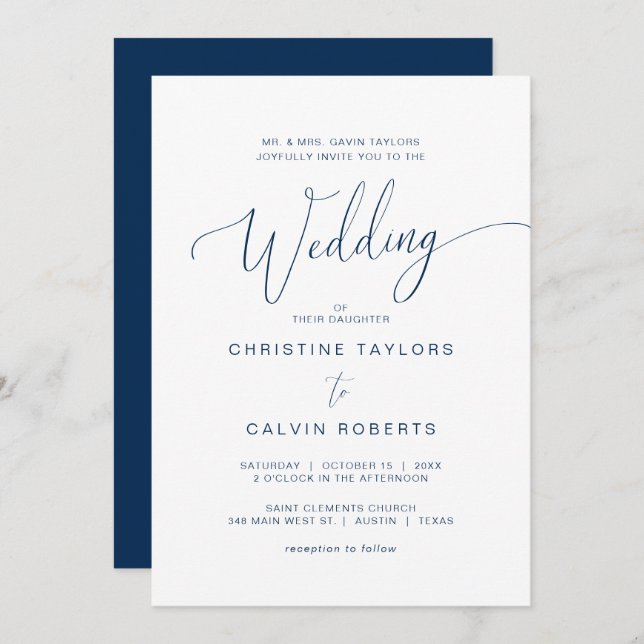 Church Wedding, Parents Hosting, Navy Blue Script Invitation (Front/Back)