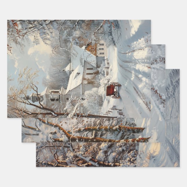 Church Winter Wonderland Decoupage  Wrapping Paper Sheets (Set)