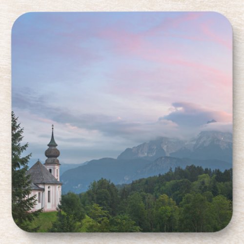 Church with Alps mountains at sunset Beverage Coaster