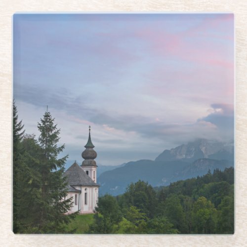 Church with Alps mountains at sunset Glass Coaster