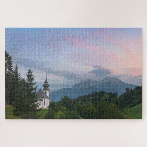 Church with Alps mountains at sunset Jigsaw Puzzle