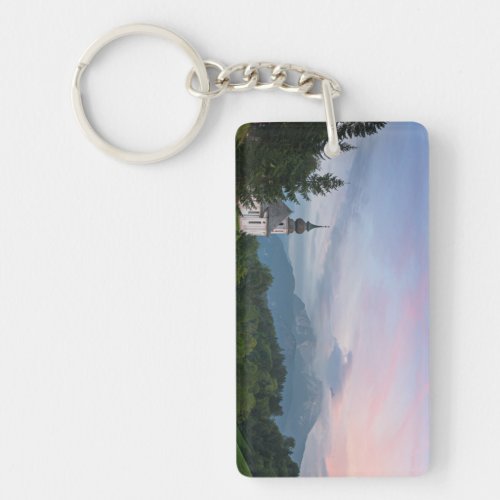 Church with Alps mountains at sunset Keychain