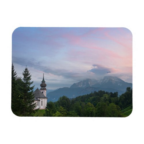 Church with Alps mountains at sunset Magnet