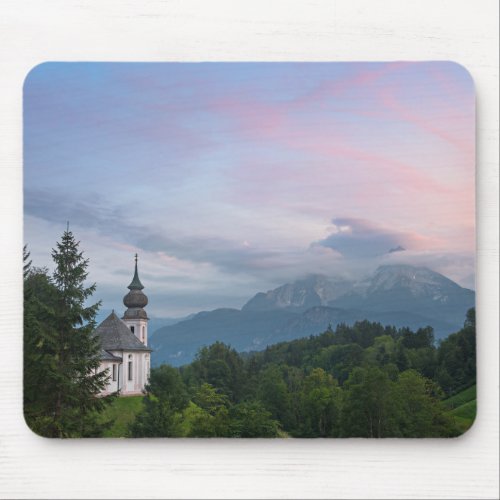 Church with Alps mountains at sunset Mouse Pad