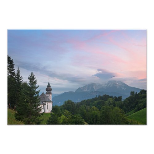 Church with Alps mountains at sunset Photo Print