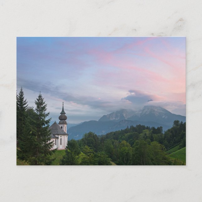 Church with Alps mountains at sunset Postcard (Front)