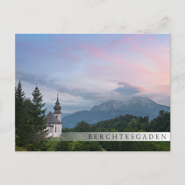 Church with Alps mountains at sunset Postcard (Front)