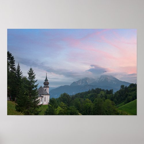 Church with Alps mountains at sunset Poster