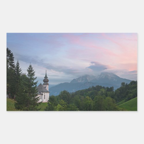 Church with Alps mountains at sunset Rectangular Sticker