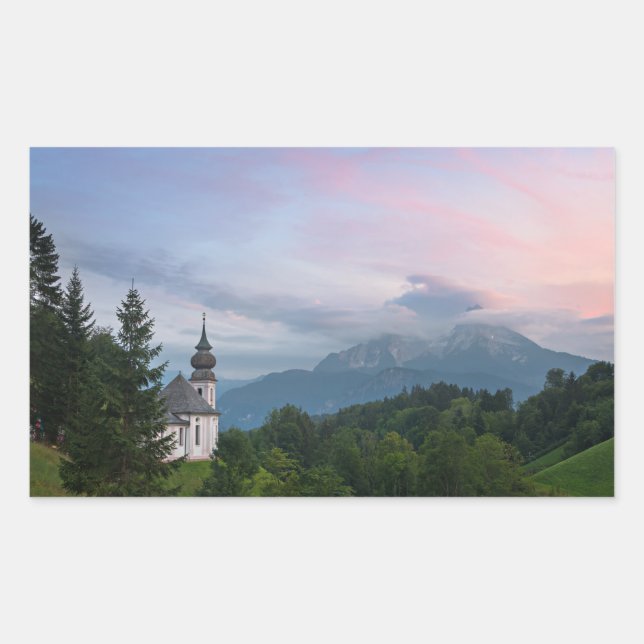 Church with Alps mountains at sunset Rectangular Sticker (Front)