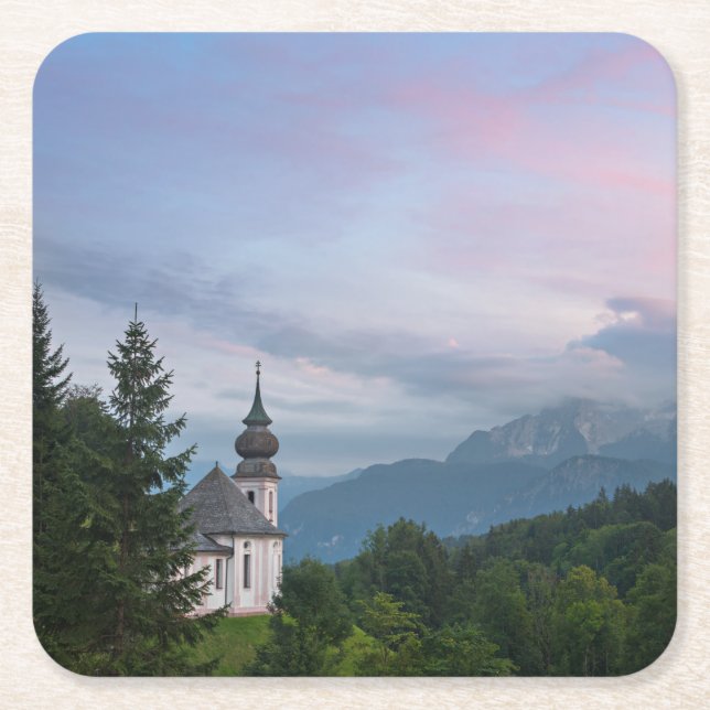 Church with Alps mountains at sunset Square Paper Coaster (Front)