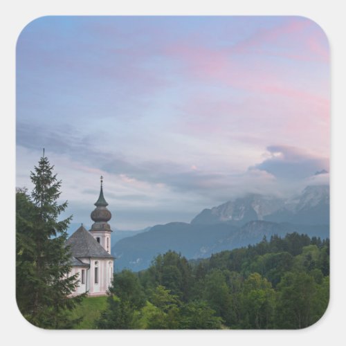 Church with Alps mountains at sunset Square Sticker