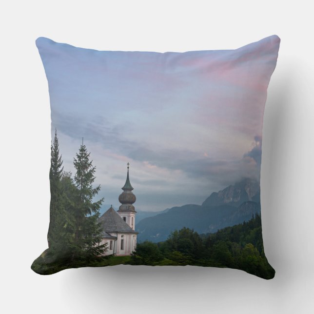 Church with Alps mountains at sunset Throw Pillow (Front)