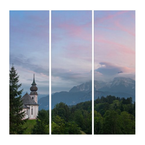 Church with Alps mountains at sunset Triptych