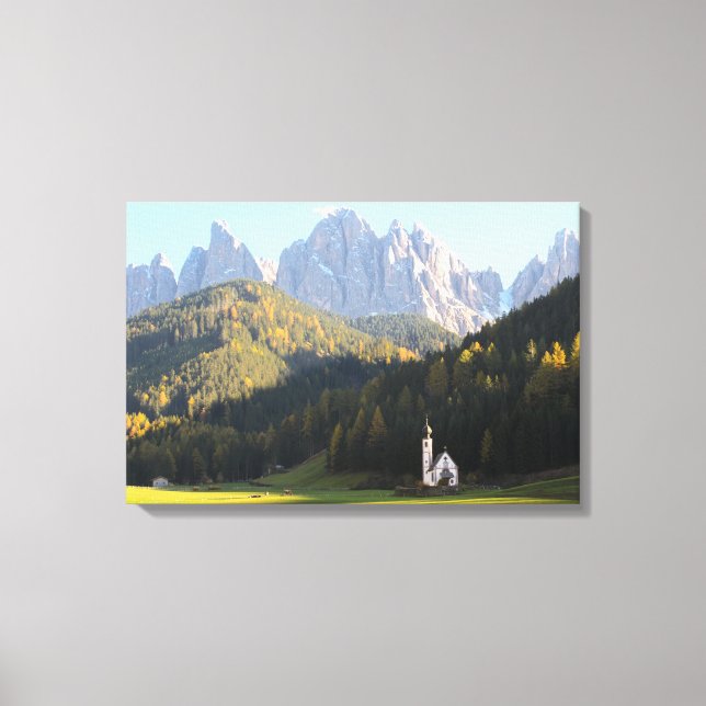 Church with Dolomites background canvas print (Front)