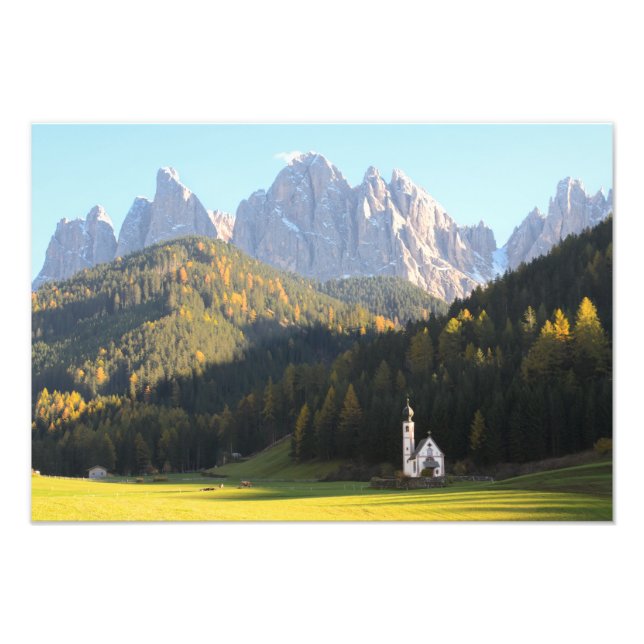 Church with Dolomites mountain background photo Print (Front)