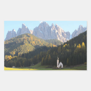 Church with Dolomites mountain rectangular sticker