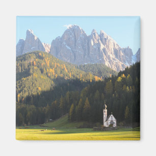 Church with Dolomites mountain square magnet